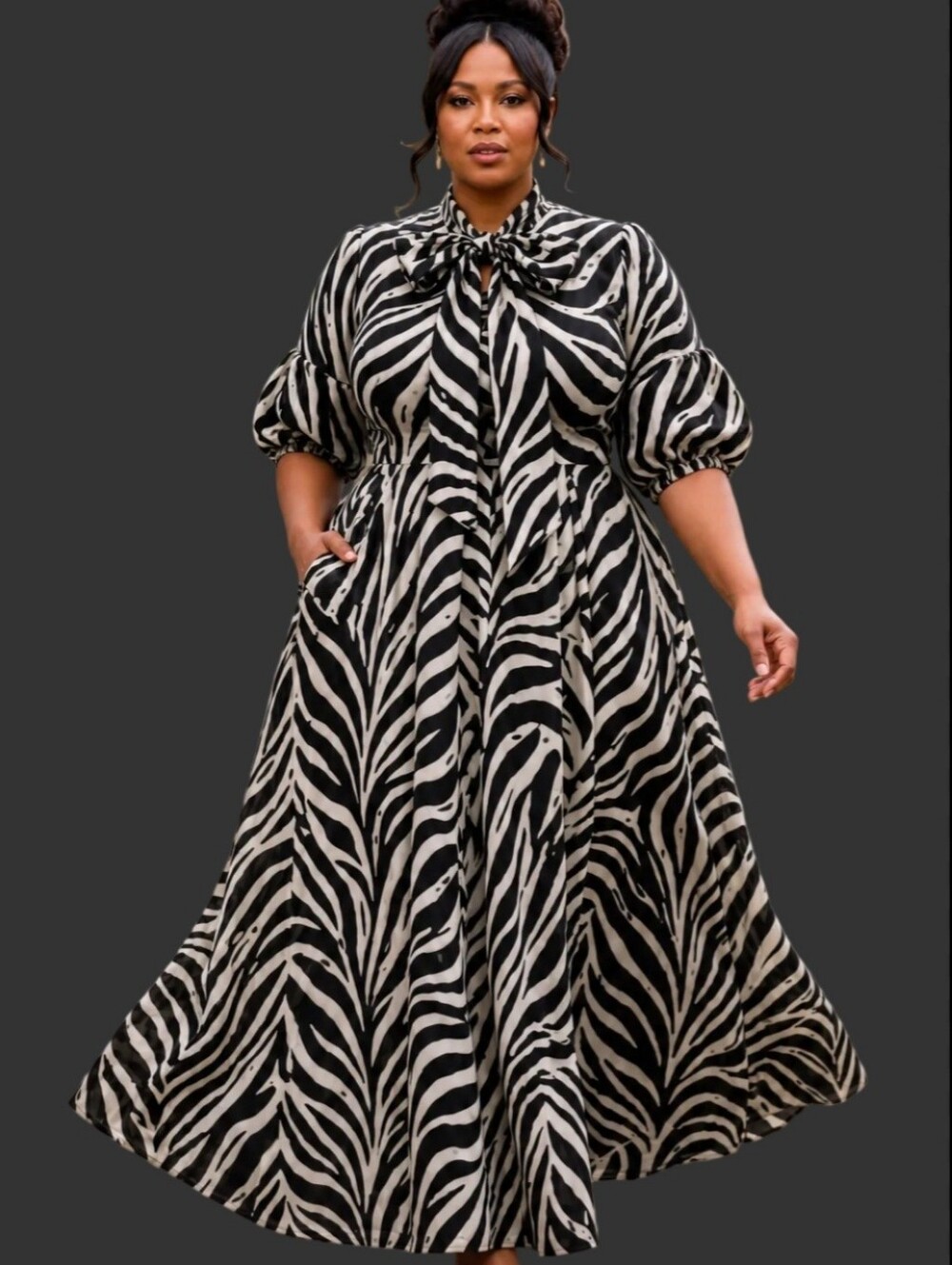 Plus Size Black & White Zebra Print Tie-Neck Maxi Dress